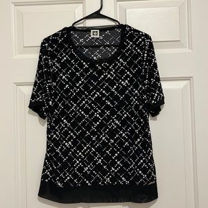 Anne Klein, black short sleeve blouse with white polkadot, detail, size large